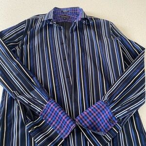 Express Men's Striped Blue and Black Shirt